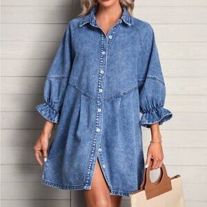 Denim Button-Up Dress with Puff Sleeves